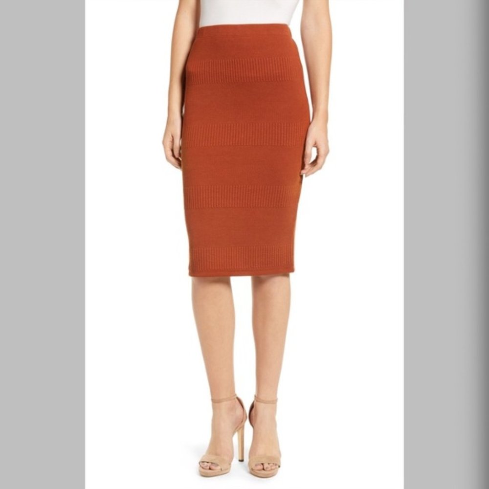 Leith Burnt Orange Midi Stretch Pencil Skirt